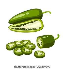 Hamburger ingredient. Sliced jalapeno pepper, half and whole. Vector illustration cartoon flat icon isolated on white.
