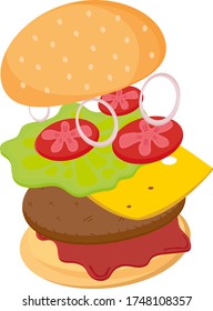 Hamburger Ingredients. Classic American Cheeseburger with Lettuce Tomato Onion Cheese and Meat. Burger in the section. Vector isolated on white background eps10