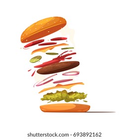 Hamburger ingredients design with beef cutlet cheese sliced vegetables salad bun with sesame and ketchup vector illustration