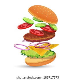 Hamburger ingredients food set of bread cucumber tomato meat onion cheese lettuce emblem vector illustration