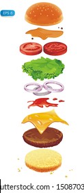 Hamburger ingredients isolated on white. Fastfood Vector illustration