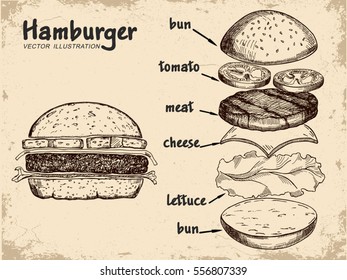 Hamburger ingredients with meat, cheese, tomato, salad, bun,  and lettuce. Classic burger isolated on a white background. Big hamburger with ingredients. Hamburger ingredients with text.