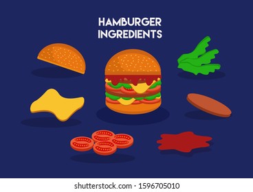 Hamburger ingredients with pork, cheese, tomato, bun, sauce and lettuce on a blue background with text. Fast food product. Illustration and vector in flat design.