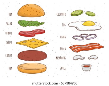 Hamburger ingredients separately. Bun, salad, tomato, cheese, cutlet, egg, bacon, mushrooms, onion, ketchup. Colorful hand drawn vector illustration.