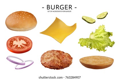 Hamburger ingredients set, delicious vegetables, patty, cheese, bun isolated on white background, 3d illustration