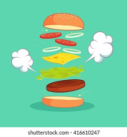Hamburger with ingredients set vector illustration design