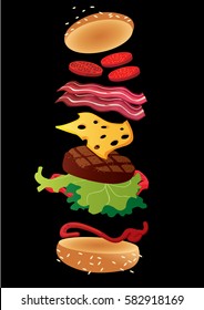 hamburger ingredients,on a black background