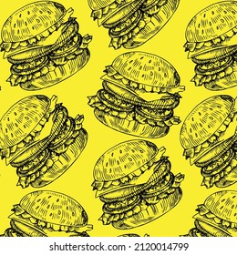 Esbozo de tinta de Hamburger. Patrón transparente del vector de fondo. Símbolo del menú del restaurante de comida rápida. Sándwich de hamburguesa esboza el estilo del doodle. Gran jugosa hamburguesa de queso doble - queso y carne.