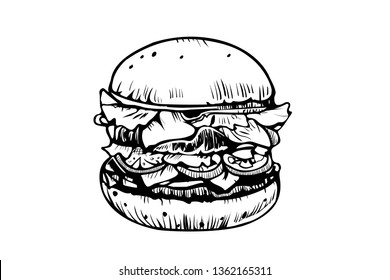Hamburger ink sketch draw. Design vector logo template element. Fast food restaurant menu symbol. Burger sandwich sketch doodle style. Big juicy double cheeseburger with cheese and meat. 