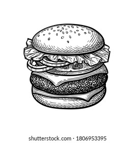 Hamburger. Ink sketch isolated on white background. Hand drawn vector illustration. Retro style.