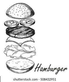 Hamburger isolated hand sketch. Burger include cutlet, cheese, tomato and salad isolated on white background. Vector illustration for poster, menu, web, banner, info graphic. Hand drawing.