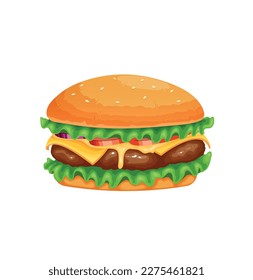hamburger isolated on white background, fast food meal, cheeseburger icon illustration concept, cheeseburger with meat, lettuce, tomato, logo for your design