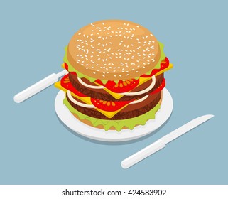 Hamburger isometrics. 3D Fast food on plate. Cutlery fork and knife. Kitchenware. Big Juicy Burger with cheese and vegetarian cutlets. Onions and tomatoes. Petite American Sandwich
