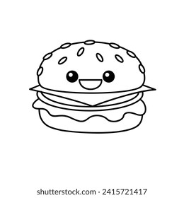 hamburger kawaii cute character Hand drawn coloring book illustration design
