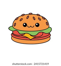hamburger kawaii cute character Hand drawn coloring book illustration design
