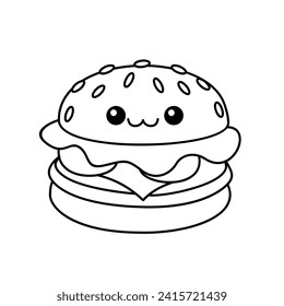 hamburger kawaii cute character Hand drawn coloring book illustration design