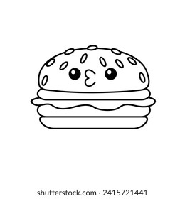hamburger kawaii cute character Hand drawn coloring book illustration design