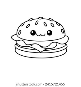hamburger kawaii cute character Hand drawn coloring book illustration design