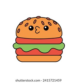 hamburger kawaii cute character Hand drawn coloring book illustration design