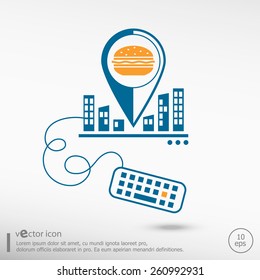 Hamburger and keyboard. Line icons for application development, creative process.