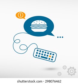 Hamburger and keyboard on chat speech bubbles. Line icons for application and creative process.