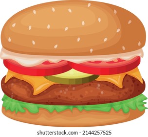 Hamburger. A large hamburger with a cutlet, tomatoes, cucumbers and cheese. Big Mac. Fast food, vector illustration isolated on a white background