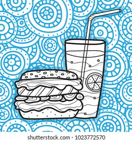 Hamburger and lemonade. Doodle style. Fast food.