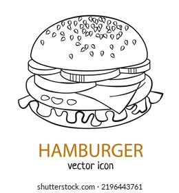 Hamburger line art vector icon isolated on white background, burger sketch black and white illustration, cheeseburger hand drawn image for menu, fastfood outline doodle