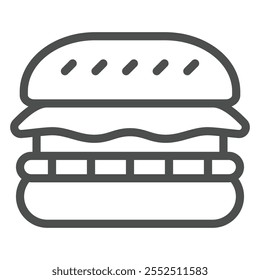 Ícone de linha Hamburger, conceito fast food. Gráficos vetoriais. Bolinho assado com sinal de refeição no fundo branco, ícone de estilo de contorno para design móvel ou web