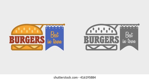 Hamburger linear icon. Fast food sign. Burger symbol, badge or logo template. Monochrome and color
