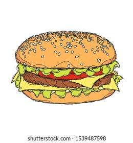 Hamburger, a linear pattern in color. Illustration of the finished dish.