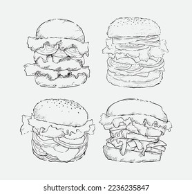 Hamburger Lineart filled with Tomatoes, Lettuce, Cheese and Patties Vector Illustration 02