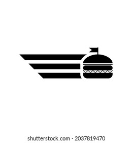 Hamburger logo with abstract wings, burger delivery emblem, fast food delivery sticker in black and white minimal styles.