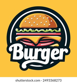 Diseño de logotipo de hamburguesa con emblema de círculo, contorno audaz, estilo semi plano y a todo color