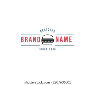 Logo de Hamburguesa Diseño mínimo línea plana icono harina de queso eburger hamburguesa pan marca de comida rápida roja símbolo de parrilla cocina restaurante cena emblema menú delicioso 