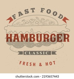 Hamburger logo design, retro vintage label burger on a craft background.