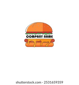  Hamburger Logo. Ein Logo mit einem Hamburger im Cartoon-Stil mit geschmolzenem Käse, Salat und Tomate.