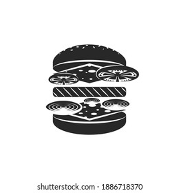 Logo de Hamburger, menú de cheeseburger con emblema negro y blanco de estilo mínimo, ingredientes de hamburguesa en chuleta isométrica, queso, rodajas de tomate y cebolla.