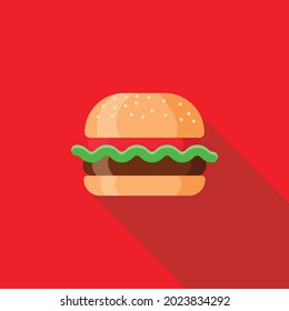 Hamburguesa con una larga sombra sobre un fondo rojo. Dibujo vectorial minimalista, eps 10