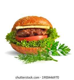Hamburguesa de bajo peso. Hamburguesa fresca, nutritiva y sabrosa. Hamburguesa de queso. Ilustración vectorial. Comida rápida en la técnica de triangulación. 