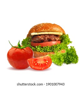 Hamburguesa de bajo peso. Hamburguesa fresca, nutritiva y sabrosa. Hamburguesa de queso. Ilustración vectorial. Comida rápida en la técnica de triangulación. 