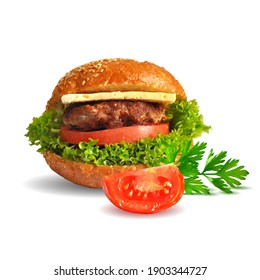 Hamburger low poly. Fresh, nutritious, tasty burger. Cheeseburger. Vector illustration. Fast food in triangulation technique. 
