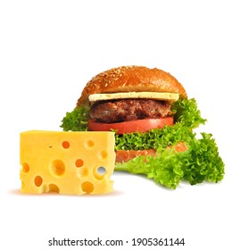 Hamburger low poly. Fresh, nutritious, tasty burger. Cheeseburger. Vector illustration. Fast food in triangulation technique. 