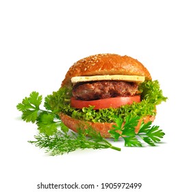 Hamburger low poly. Fresh, nutritious, tasty burger. Cheeseburger. Vector illustration. Fast food in triangulation technique. 
