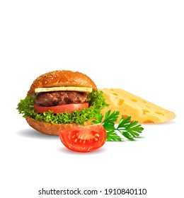 Hamburguesa de bajo peso. Hamburguesa fresca, nutritiva y sabrosa. Hamburguesa de queso. Ilustración vectorial. Comida rápida en la técnica de triangulación. 