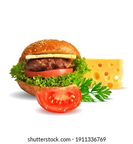 Hamburger low poly. Fresh, nutritious, tasty burger. Cheeseburger. Vector illustration. Fast food in triangulation technique. 