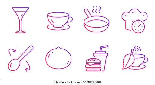 Hamburger, Macadamia nut and Cooking spoon line icons set. Martini glass, Cooking timer and Espresso signs. Frying pan, Mint tea symbols. Burger with drink, Vegetarian food. Vector