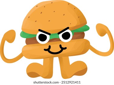 hamburger mascot with energetic expressions and strong gesture