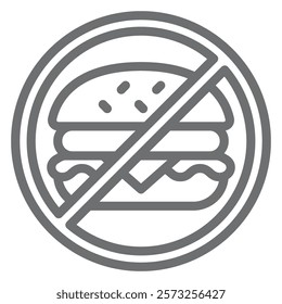 Hamburger with meat ban line icon, prohibited elements concept. Vector graphics. Burger bun fast food forbidden sign on white background, outline style icon for mobile or web design