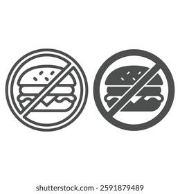 Hamburger with meat ban line and solid icon, prohibited elements concept. Vector graphics. Burger bun fast food forbidden sign on white background, outline style icon for mobile or web design